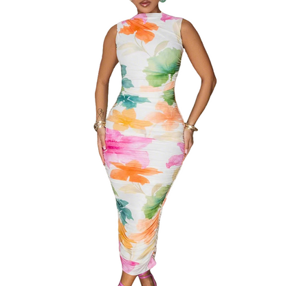 📢📢40% OFF !! ⏰Sleeveless Floral Print Ruched Bodycon Midi Dress