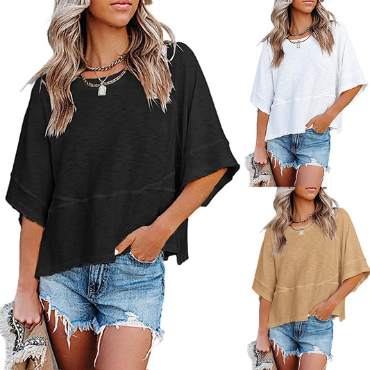 📢📢40% OFF !! ⏰Women's Solid Color Splicing Loose Five Points Flare Sleeve T-Shirt