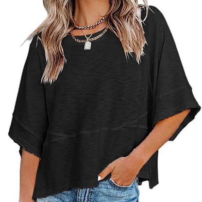 📢📢40% OFF !! ⏰Women's Solid Color Splicing Loose Five Points Flare Sleeve T-Shirt