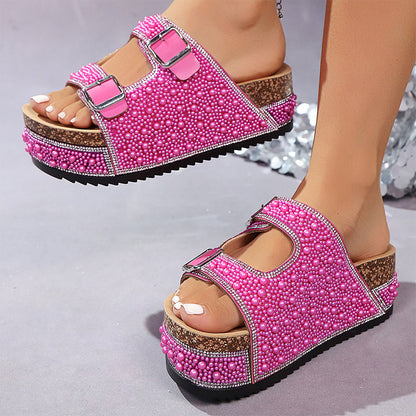 Double Buckle Strap Cork Slide Sandals