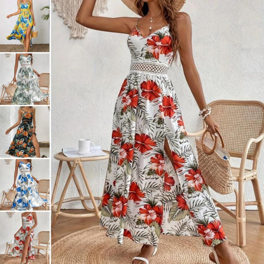 📢📢40% OFF !! ⏰Women’s Floral Print High Slit Spaghetti Strap Flowy Dress