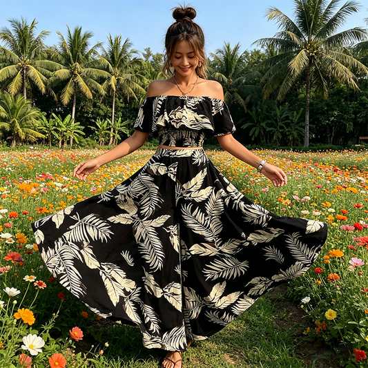 📢📢40% OFF !! ⏰Women's Tropical Leaf Print Off-Shoulder Two-Piece Set