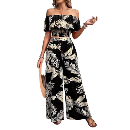 📢📢40% OFF !! ⏰Women's Tropical Leaf Print Off-Shoulder Two-Piece Set