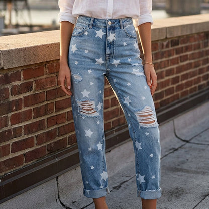 📢📢30% OFF !! ⏰Women's Star Print Distressed High Waist Jeans