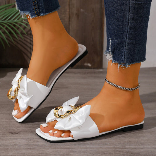 📢📢40% OFF !! ⏰Bow & Chain Decor Flat Slide Sandals