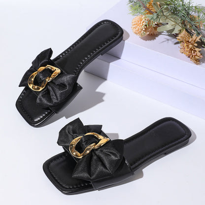 📢📢40% OFF !! ⏰Bow & Chain Decor Flat Slide Sandals