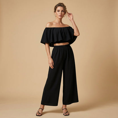 📢📢40% OFF !! ⏰Elegant Off-Shoulder Ruffle Top & Wide-Leg Pants Set