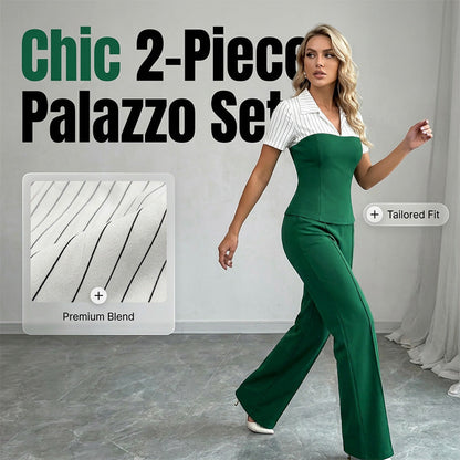 📢📢40% OFF !! ⏰Striped Lapel Set – Tee & Palazzo Pants, V-Neck, Flowing, Elegant 🍂
