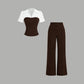📢📢40% OFF !! ⏰Striped Lapel Set – Tee & Palazzo Pants, V-Neck, Flowing, Elegant 🍂