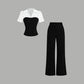 📢📢40% OFF !! ⏰Striped Lapel Set – Tee & Palazzo Pants, V-Neck, Flowing, Elegant 🍂