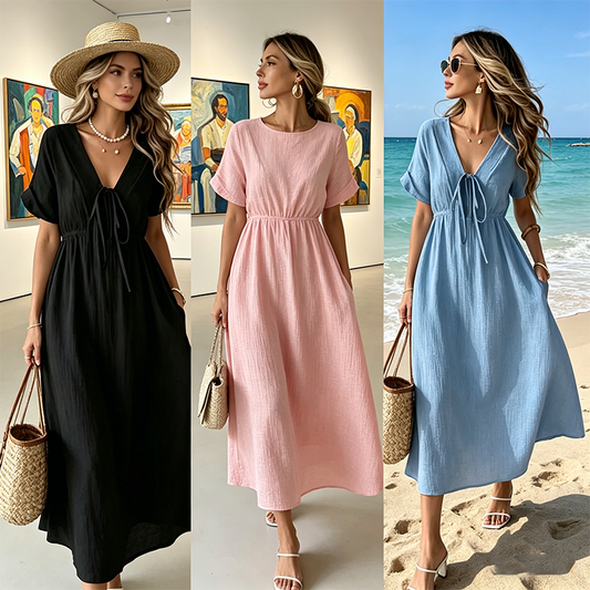 📢📢40% OFF !! ⏰Women's Summer V-Neck Tie-Front Midi Dress