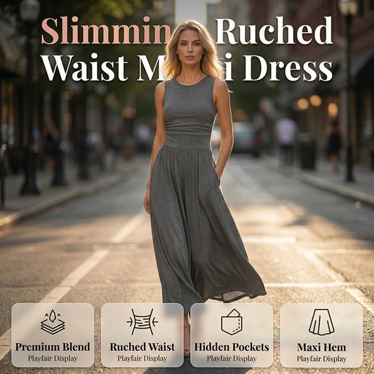 Women's Elegant Ruched Waist Dress with Pockets