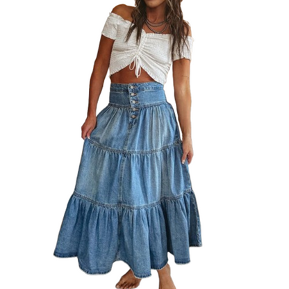 📢📢40% OFF !! ⏰Women's High Waisted Tiered A-Line Denim Maxi Skirt