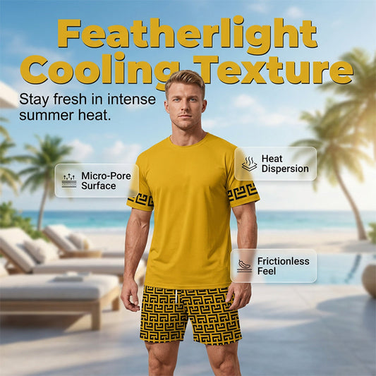 📢📢40% OFF !! ⏰Men's Yellow Graphic Print Short Sleeve Tracksuit Set
