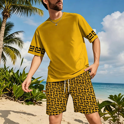 📢📢40% OFF !! ⏰Men's Yellow Graphic Print Short Sleeve Tracksuit Set