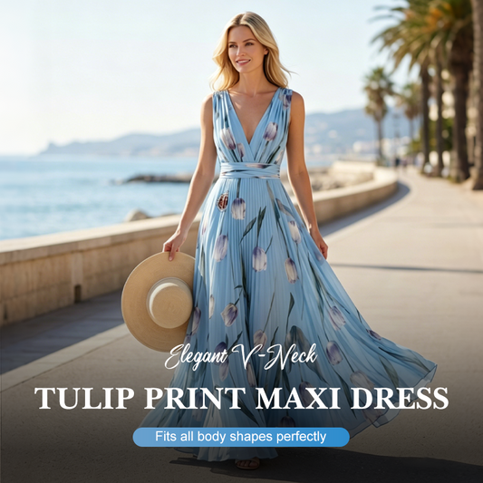📢📢30% OFF !! ⏰Elegant V-Neck Tulip Print Maxi Dress