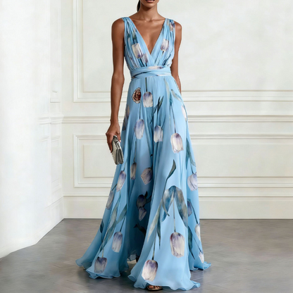 📢📢30% OFF !! ⏰Elegant V-Neck Tulip Print Maxi Dress