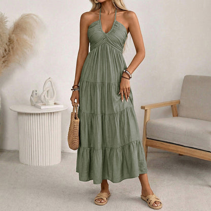 📢📢40% OFF !! ⏰Women's Halter Neck Backless Tiered Maxi Dress