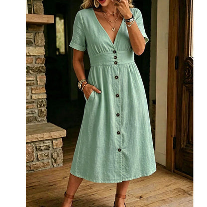 📢📢40% OFF !! ⏰Effortless Summer Chic – Women's Summer V-Neck Button-Down Dress☀️