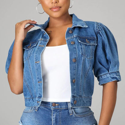 📢📢30% OFF !! ⏰Women's Puff Short Sleeve Cropped Denim Jacket