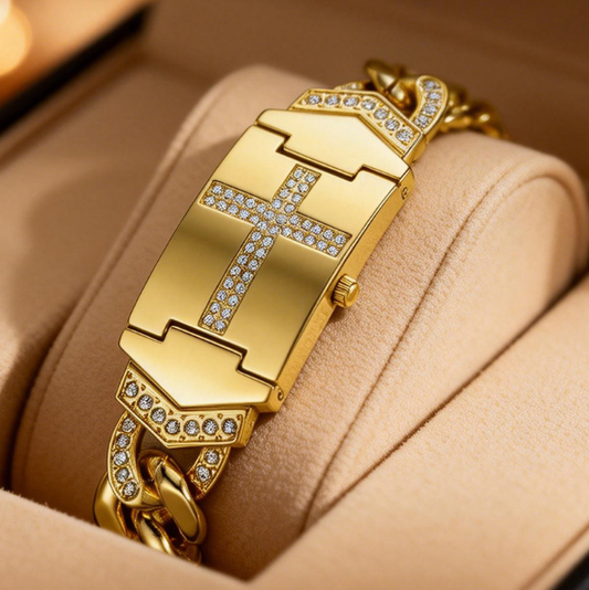Mother's Day gift Summervibes Sparkling Crystal Cross Embellishment, Geometric Rectangular Dial, Premium Metal Bracelet Timepiece, Perfect for Daily Elegance & Gifting Perfect Mother’s Day gift