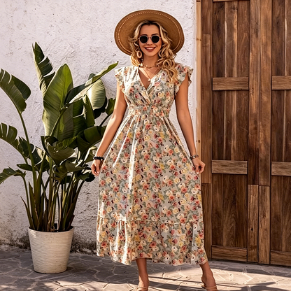 📢📢40% OFF !! ⏰Women's Floral V-Neck Smocked Waist Dress