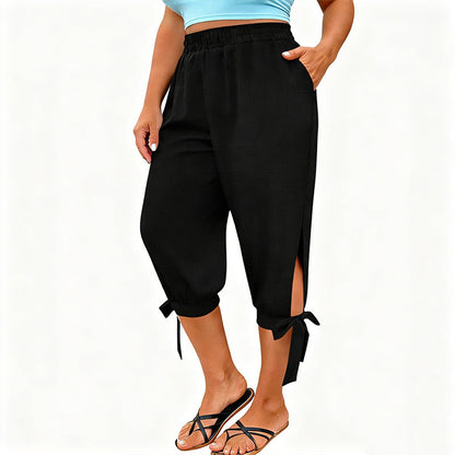 📢📢40% OFF !! ⏰ Women's Elastic Waist Capri Pants – Breathable, Stretchy, Side Tie Detail 🌿