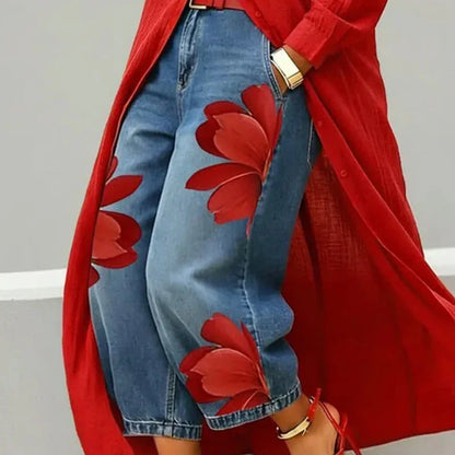 📢📢30% OFF !! ⏰ Women's Floral Wide-Leg Jeans – Unique Appliqué, Soft, 6 Colors 🌸
