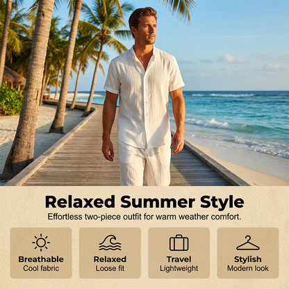 📢📢40% OFF !! ⏰ Men's Textured 2-Piece Shirt & Pants Set – Breathable, Stand Collar, Elastic Waist 🌿