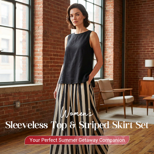 📢📢30% OFF !! ⏰Women's Sleeveless Top & Striped Skirt Set