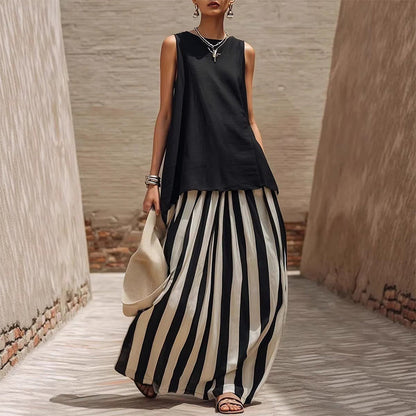 📢📢30% OFF !! ⏰Women's Sleeveless Top & Striped Skirt Set
