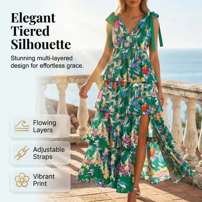 📢📢40% OFF !! ⏰Women's Floral V-Neck Tiered Ruffle Dress