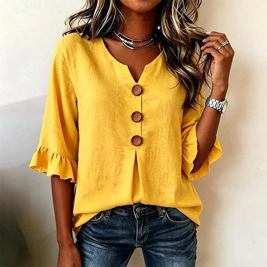 📢📢40% OFF !! ⏰ Women's V-Neck Ruffle Sleeve Blouse with Wooden Buttons – Bohemian, Flowy, Romantic 🍃