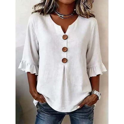 📢📢40% OFF !! ⏰ Women's V-Neck Ruffle Sleeve Blouse with Wooden Buttons – Bohemian, Flowy, Romantic 🍃