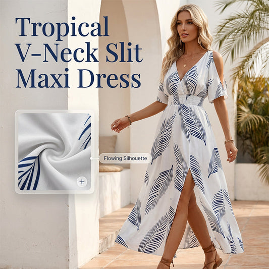 📢📢40% OFF !! ⏰Cold Shoulder Tropical Print Split Maxi Dress