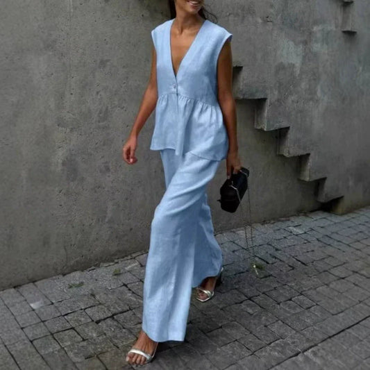 📢📢30% OFF !! ⏰Solid Color V-Neck Sleeveless Top & Wide Leg Pants Two-Piece Set