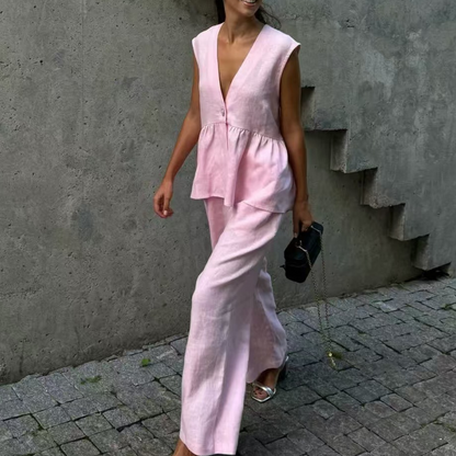 📢📢30% OFF !! ⏰Solid Color V-Neck Sleeveless Top & Wide Leg Pants Two-Piece Set