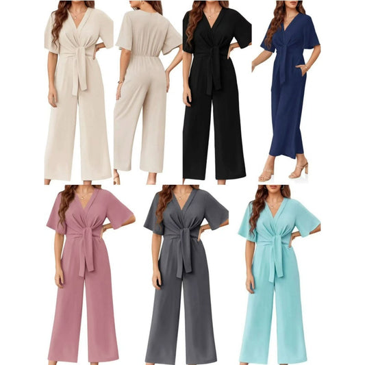 📢📢40% OFF !! ⏰Women's Elegant V-Neck Wide Leg Waist Tie Jumpsuit