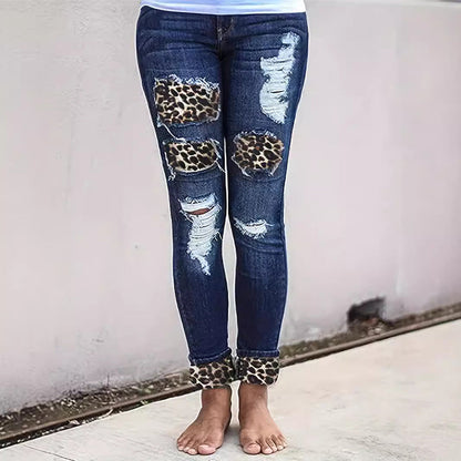 📢📢40% OFF !! ⏰Women's Leopard Patch Ripped Skinny Jeans
