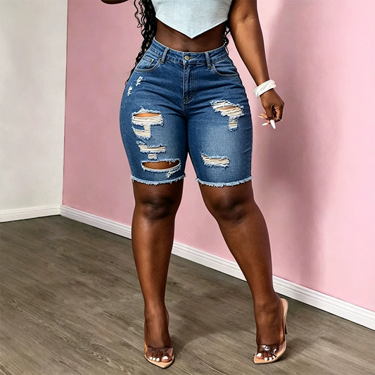 📢📢40% OFF !! ⏰Women's Mid-Waist Ripped Denim Bermuda Shorts