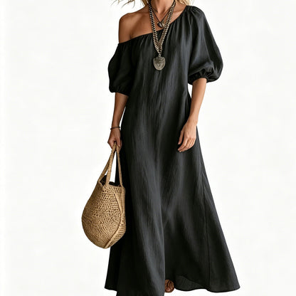 Women's One-Shoulder Puff Sleeve Maxi Dress