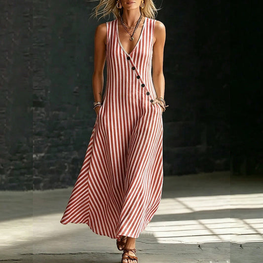 Women's Casual V-Neck Striped Sleeveless Maxi Dress
