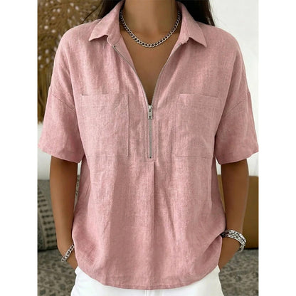 Women's Casual V-neck Zipper Short-Sleeved Top
