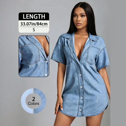 📢📢40% OFF !! ⏰Women's Loose Lapel Denim Short Sleeve Shirt