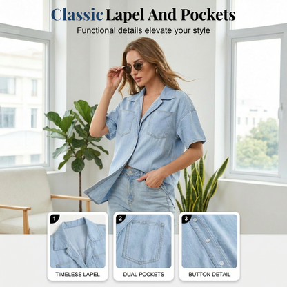 📢📢40% OFF !! ⏰Women's Loose Lapel Denim Short Sleeve Shirt
