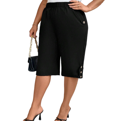 👖  Women's Elastic Waist Capri Trousers – Knee-Length, Button Accents, Comfort 🌿
