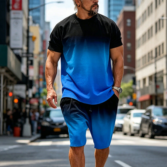 📢📢40% OFF !! ⏰ Men’s Gradient Print Set – T-Shirt & Shorts, Relaxed Fit, Spandex 🌊