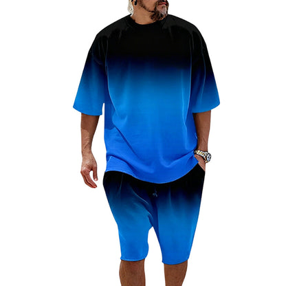 📢📢40% OFF !! ⏰ Men’s Gradient Print Set – T-Shirt & Shorts, Relaxed Fit, Spandex 🌊