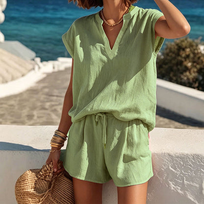 👗 LIMITED-TIME 50% OFF! ✨ Women's V-Neck Top & Shorts Set – Breathable, Drawstring, Vacation Ready ☀️