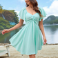 📢📢40% OFF !! ⏰ Puff Sleeve Backless Bow Tie Dress – Knot Front, A-Line, Elegant 🎀